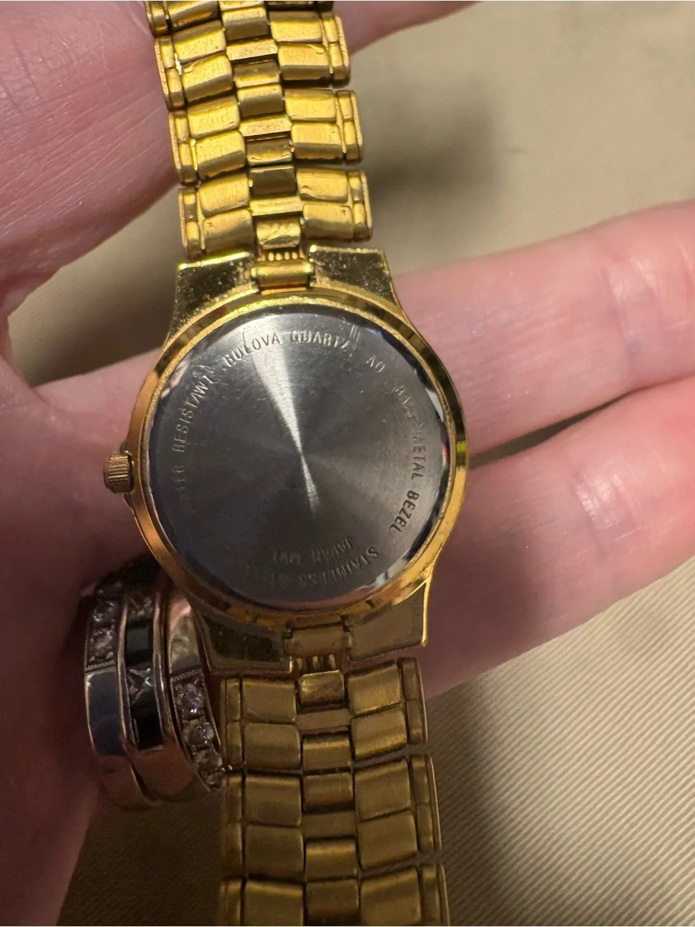 VTG Bulova Gold and White Women's Dress Watch with Day-Date